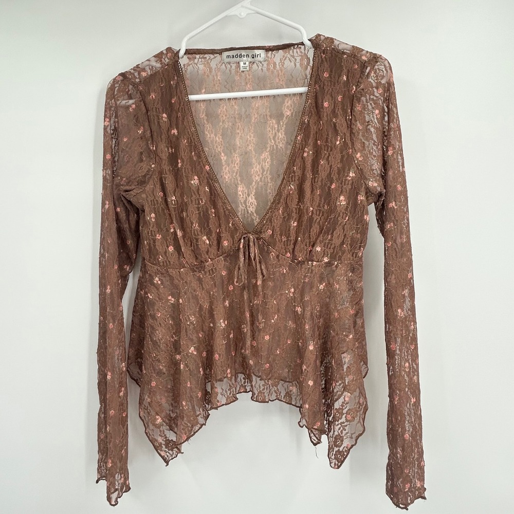 Vintage Y2K Fairycore Brown Floral Lace Sheer Top Long Sleeve V-Neck Medium